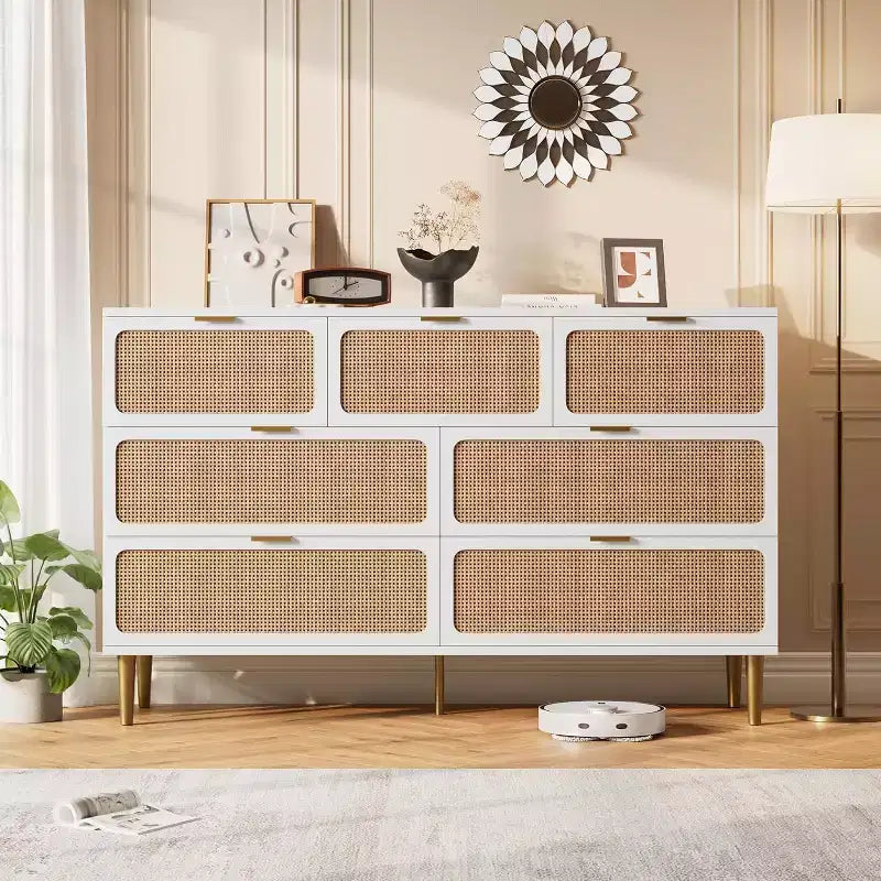 Commode 7 tiroirs en rotin pour chambre à coucher, commode haute avec tiroirs profonds, grande commode pour placard avec plateau large, commode en bois pour salon