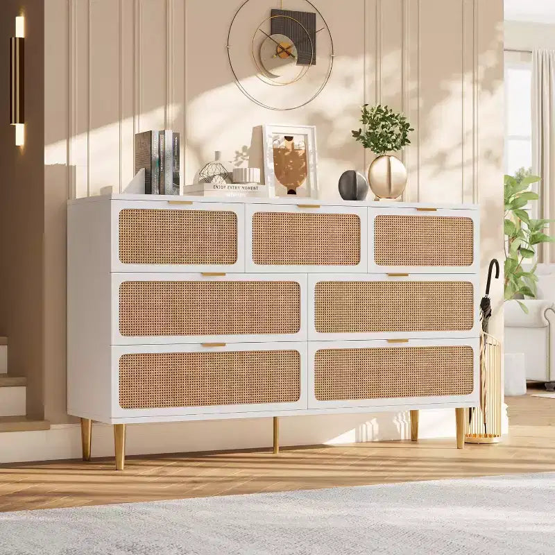 Commode 7 tiroirs en rotin pour chambre à coucher, commode haute avec tiroirs profonds, grande commode pour placard avec plateau large, commode en bois pour salon