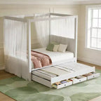Luxystar Modern Canopy Platform Bed with Upholstery headboard, Trundle and 3 Drawers, Beige