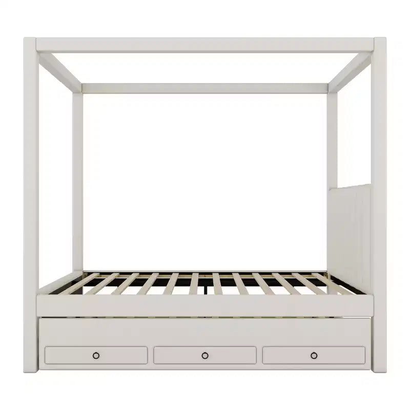 Lit plate-forme moderne à baldaquin avec tête de lit rembourrée, lit gigogne et 3 tiroirs, beige
