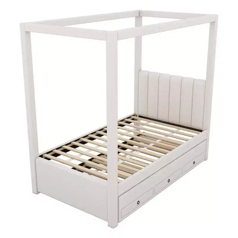 Lit plate-forme moderne à baldaquin avec tête de lit rembourrée, lit gigogne et 3 tiroirs, beige