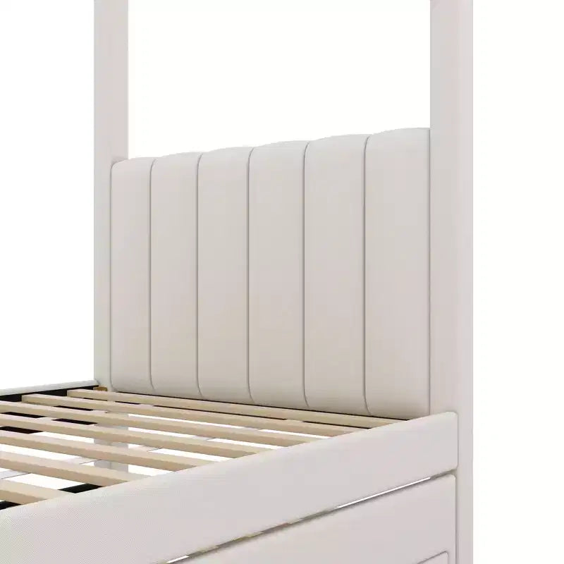 Lit plate-forme moderne à baldaquin avec tête de lit rembourrée, lit gigogne et 3 tiroirs, beige