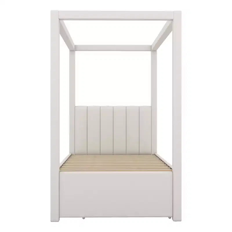 Lit plate-forme moderne à baldaquin avec tête de lit rembourrée, lit gigogne et 3 tiroirs, beige