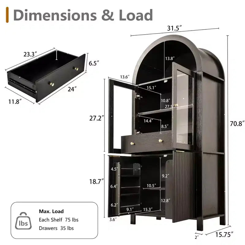 Grand buffet haut cintré cannelé de 180 cm avec étagères réglables, meuble de rangement élégant avec tiroir caché et porte vitrée