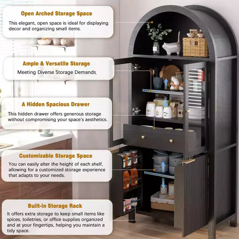 Grand buffet haut cintré cannelé de 180 cm avec étagères réglables, meuble de rangement élégant avec tiroir caché et porte vitrée