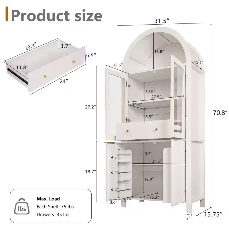 Grand buffet haut cintré cannelé de 180 cm avec étagères réglables, meuble de rangement élégant avec tiroir caché et porte vitrée