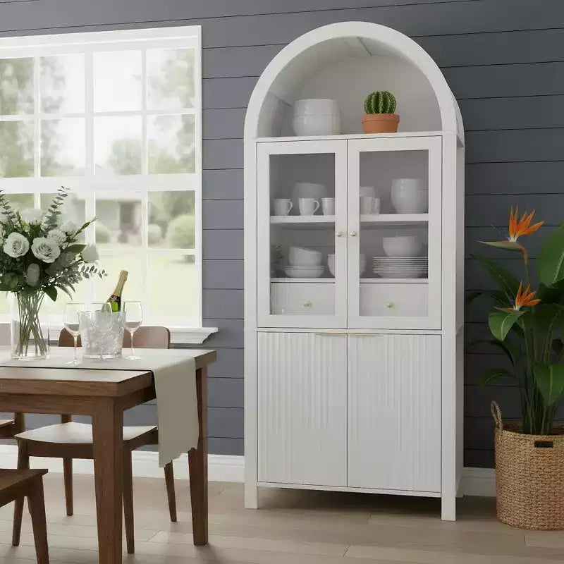 Grand buffet haut cintré cannelé de 180 cm avec étagères réglables, meuble de rangement élégant avec tiroir caché et porte vitrée