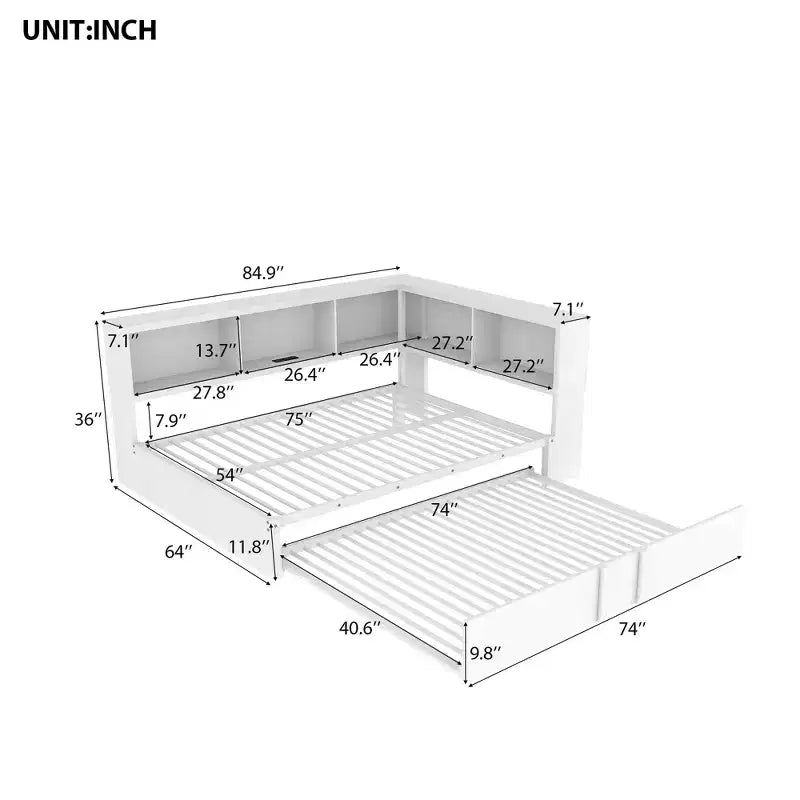 Lit de repos en métal grand format avec lit gigogne, 5 armoires de rangement, blanc