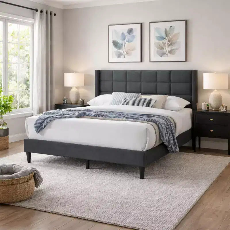 Lit plateforme moderne en velours avec tête de lit