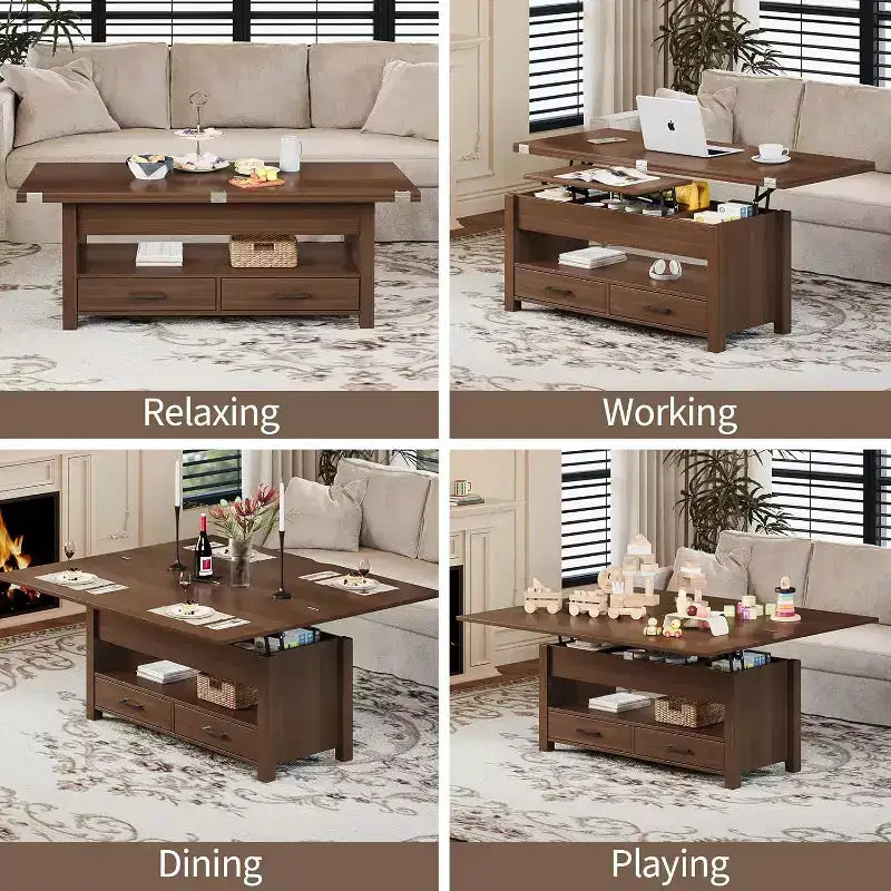 Table basse, table basse relevable convertible 4 en 1 avec rangement pour salon - 40 tables basses de rangement avec 2 tiroirs