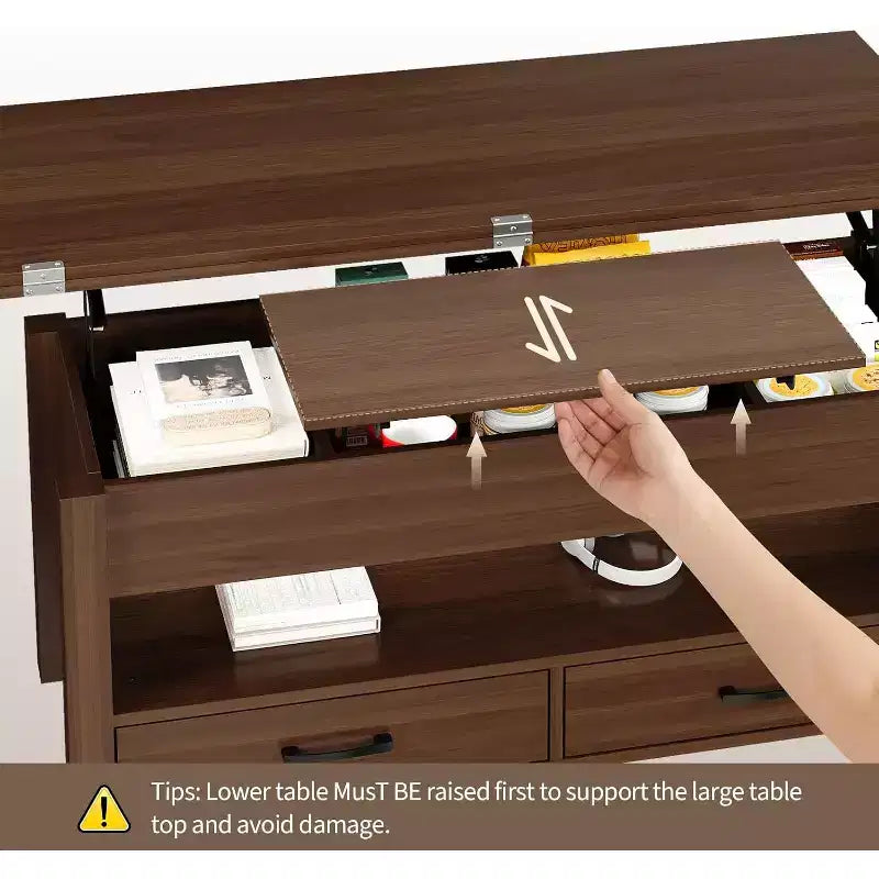 Table basse, table basse relevable convertible 4 en 1 avec rangement pour salon - 40 tables basses de rangement avec 2 tiroirs