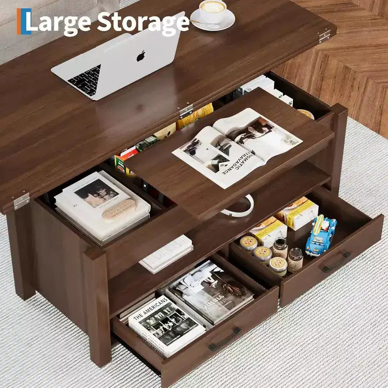 Table basse, table basse relevable convertible 4 en 1 avec rangement pour salon - 40 tables basses de rangement avec 2 tiroirs