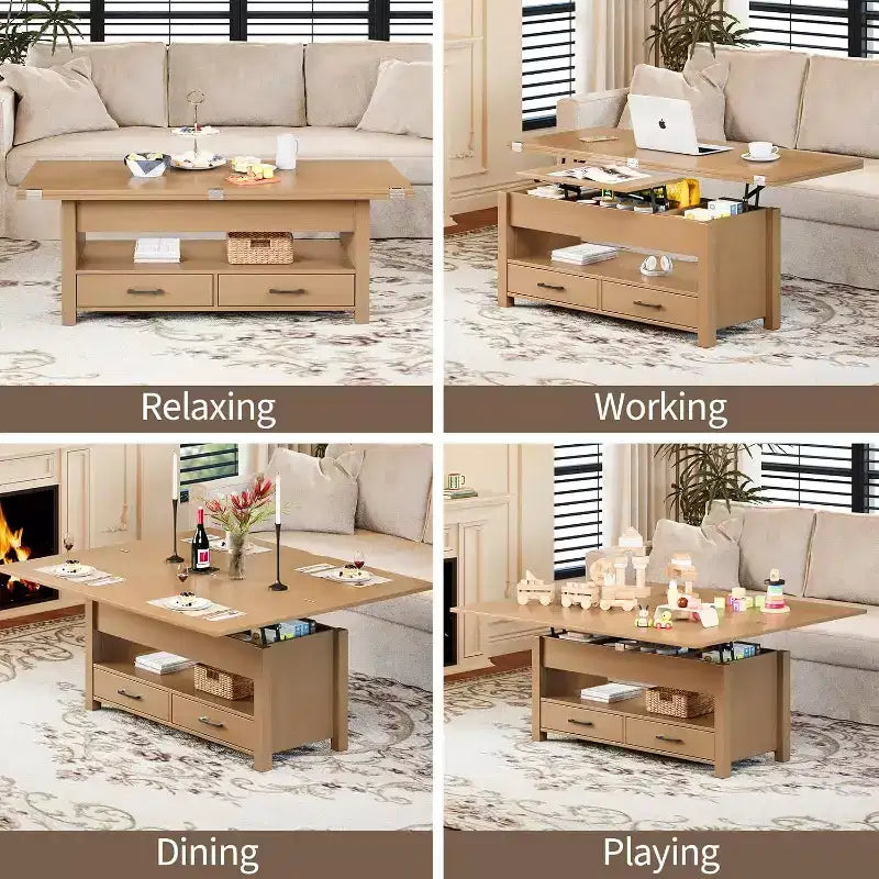 Table basse, table basse relevable convertible 4 en 1 avec rangement pour salon - 40 tables basses de rangement avec 2 tiroirs