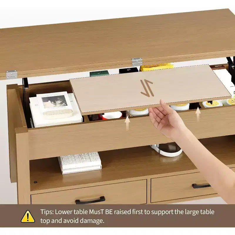 Table basse, table basse relevable convertible 4 en 1 avec rangement pour salon - 40 tables basses de rangement avec 2 tiroirs