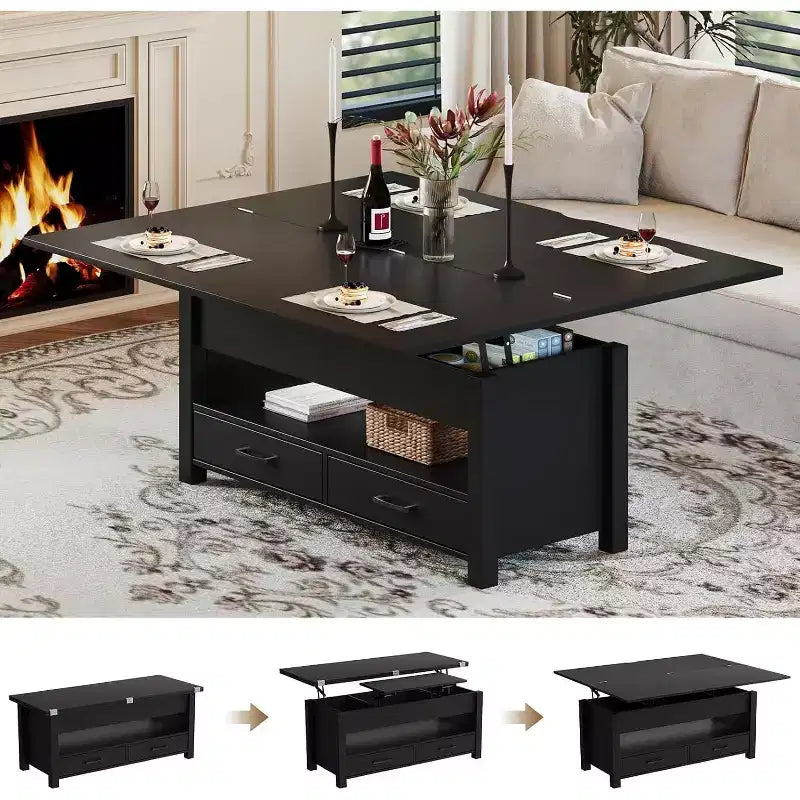 Table basse, table basse relevable convertible 4 en 1 avec rangement pour salon - 40 tables basses de rangement avec 2 tiroirs