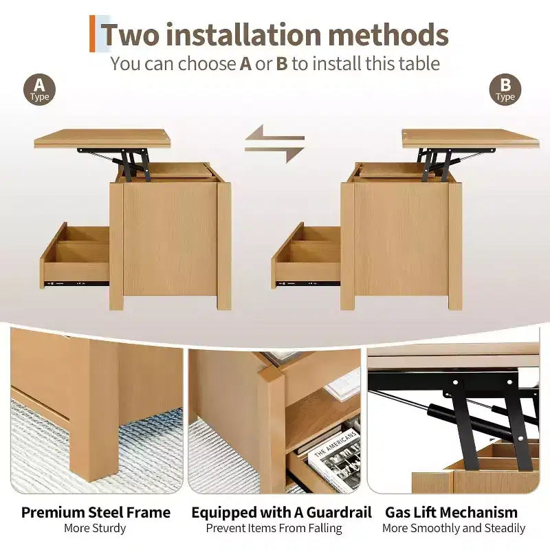 Table basse, table basse relevable convertible 4 en 1 avec rangement pour salon - 40 tables basses de rangement avec 2 tiroirs