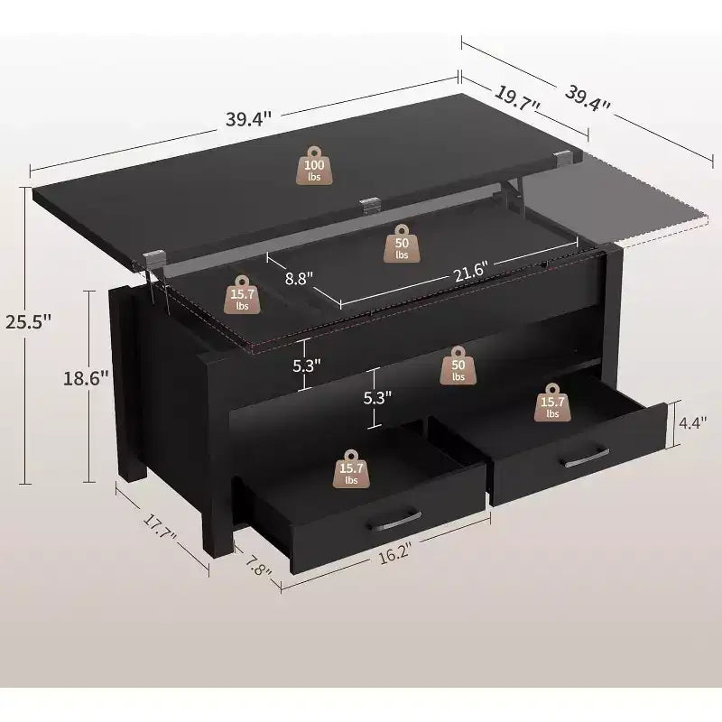 Table basse, table basse relevable convertible 4 en 1 avec rangement pour salon - 40 tables basses de rangement avec 2 tiroirs