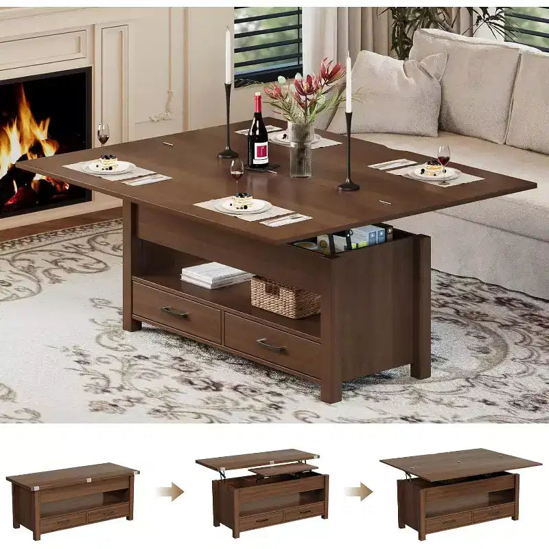Table basse, table basse relevable convertible 4 en 1 avec rangement pour salon - 40 tables basses de rangement avec 2 tiroirs