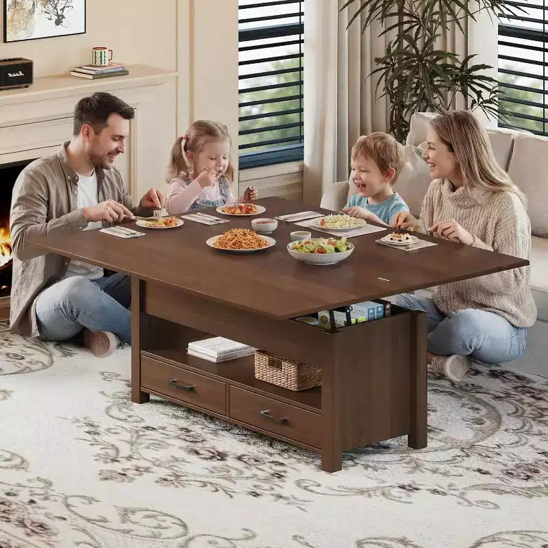 Table basse, table basse relevable convertible 4 en 1 avec rangement pour salon - 40 tables basses de rangement avec 2 tiroirs