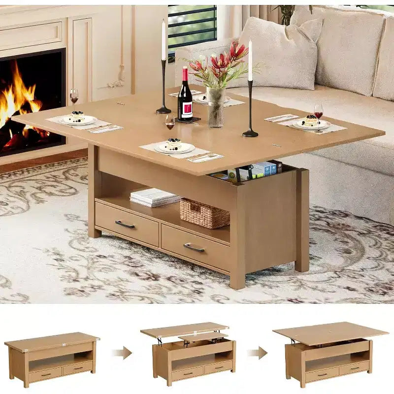 Table basse, table basse relevable convertible 4 en 1 avec rangement pour salon - 40 tables basses de rangement avec 2 tiroirs