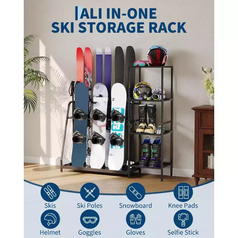 Support de rangement pour skis, 48 x 12 x 46, Organisateur de skis autoportant robuste en acier pour 4 paires de skis, snowboard, chaussures, bâtons, casque et lunettes
