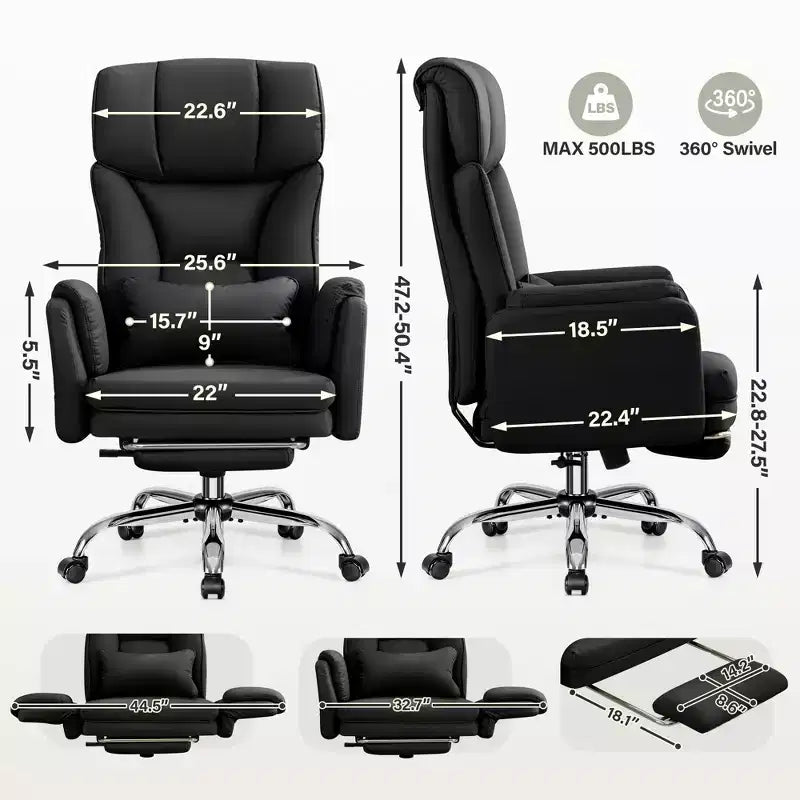Fauteuil de bureau de direction grand dossier, chaise de bureau en cuir PU grande taille avec hauteur réglable, accoudoirs rembourrés et repose-pieds