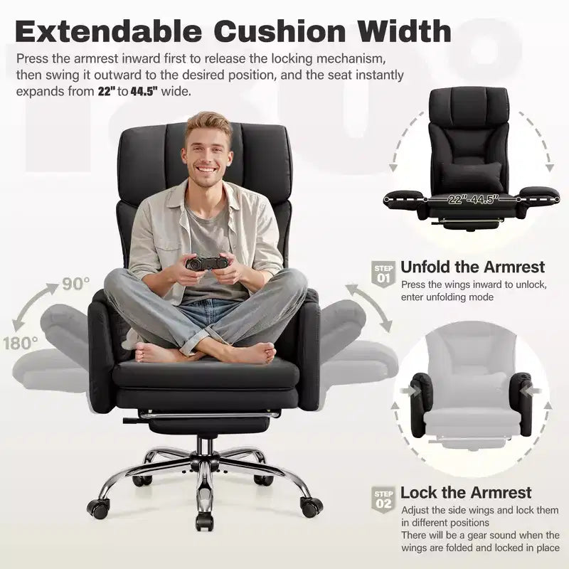 Fauteuil de bureau de direction grand dossier, chaise de bureau en cuir PU grande taille avec hauteur réglable, accoudoirs rembourrés et repose-pieds