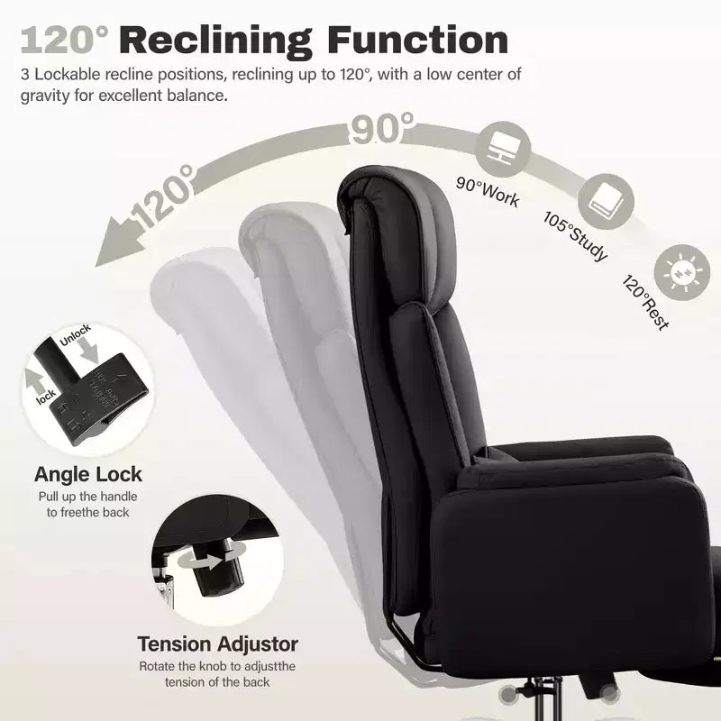 Fauteuil de bureau de direction grand dossier, chaise de bureau en cuir PU grande taille avec hauteur réglable, accoudoirs rembourrés et repose-pieds