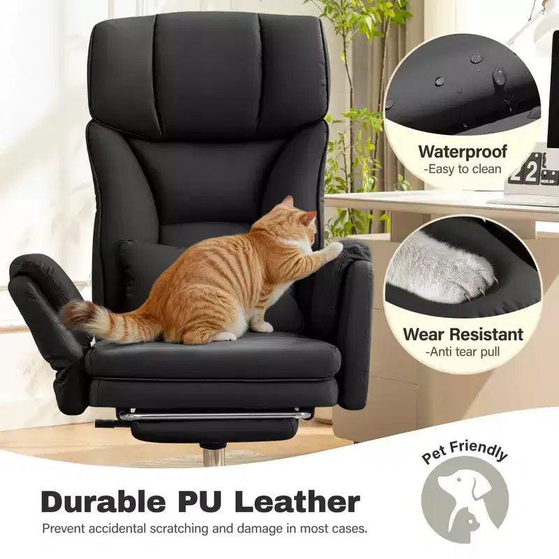 Fauteuil de bureau de direction grand dossier, chaise de bureau en cuir PU grande taille avec hauteur réglable, accoudoirs rembourrés et repose-pieds