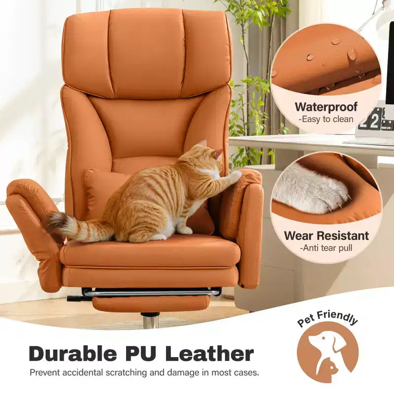 Fauteuil de bureau de direction grand dossier, chaise de bureau en cuir PU grande taille avec hauteur réglable, accoudoirs rembourrés et repose-pieds
