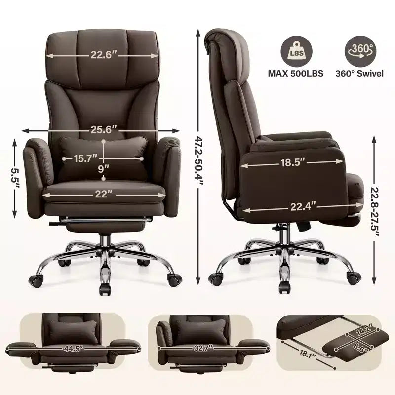 Fauteuil de bureau de direction grand dossier, chaise de bureau en cuir PU grande taille avec hauteur réglable, accoudoirs rembourrés et repose-pieds