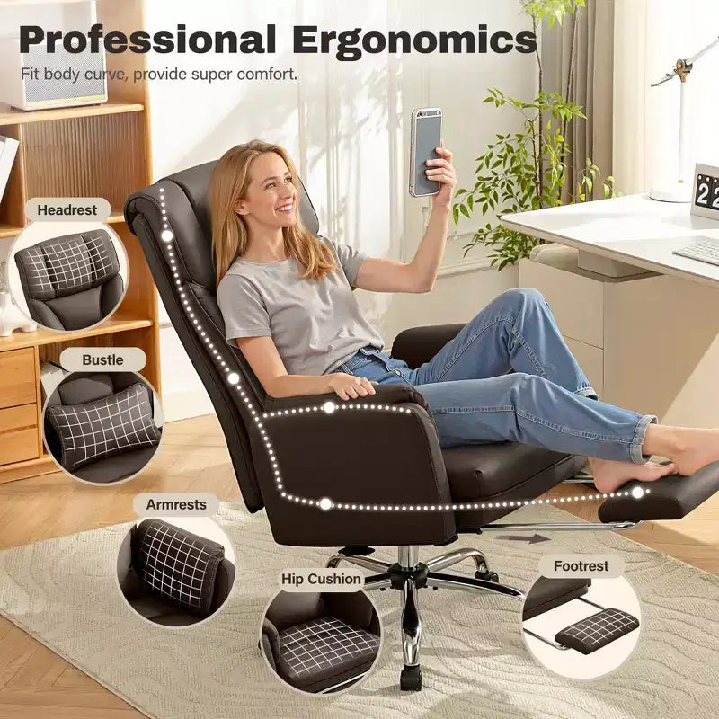 Fauteuil de bureau de direction grand dossier, chaise de bureau en cuir PU grande taille avec hauteur réglable, accoudoirs rembourrés et repose-pieds