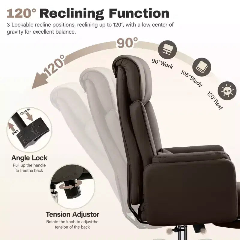 Fauteuil de bureau de direction grand dossier, chaise de bureau en cuir PU grande taille avec hauteur réglable, accoudoirs rembourrés et repose-pieds