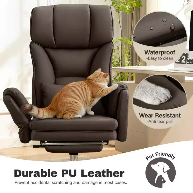 Fauteuil de bureau de direction grand dossier, chaise de bureau en cuir PU grande taille avec hauteur réglable, accoudoirs rembourrés et repose-pieds