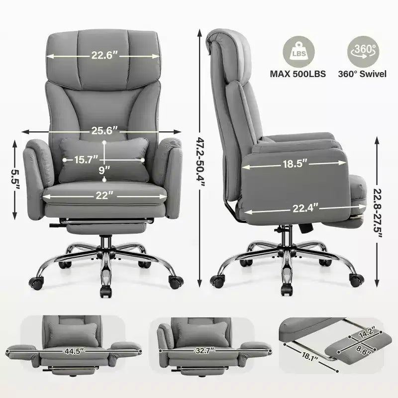 Fauteuil de bureau de direction grand dossier, chaise de bureau en cuir PU grande taille avec hauteur réglable, accoudoirs rembourrés et repose-pieds