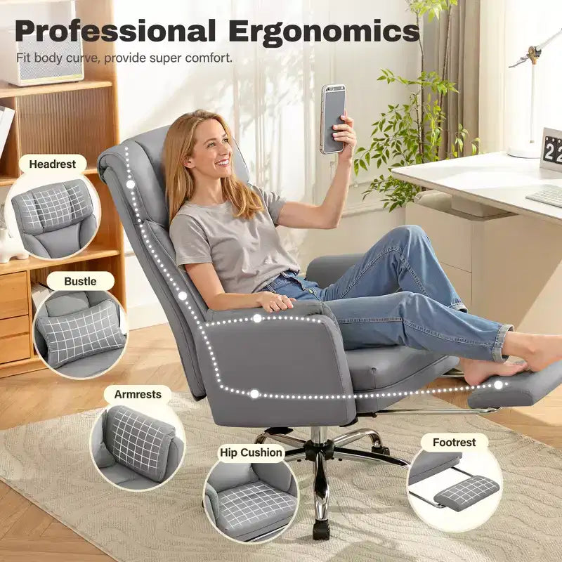 Fauteuil de bureau de direction grand dossier, chaise de bureau en cuir PU grande taille avec hauteur réglable, accoudoirs rembourrés et repose-pieds