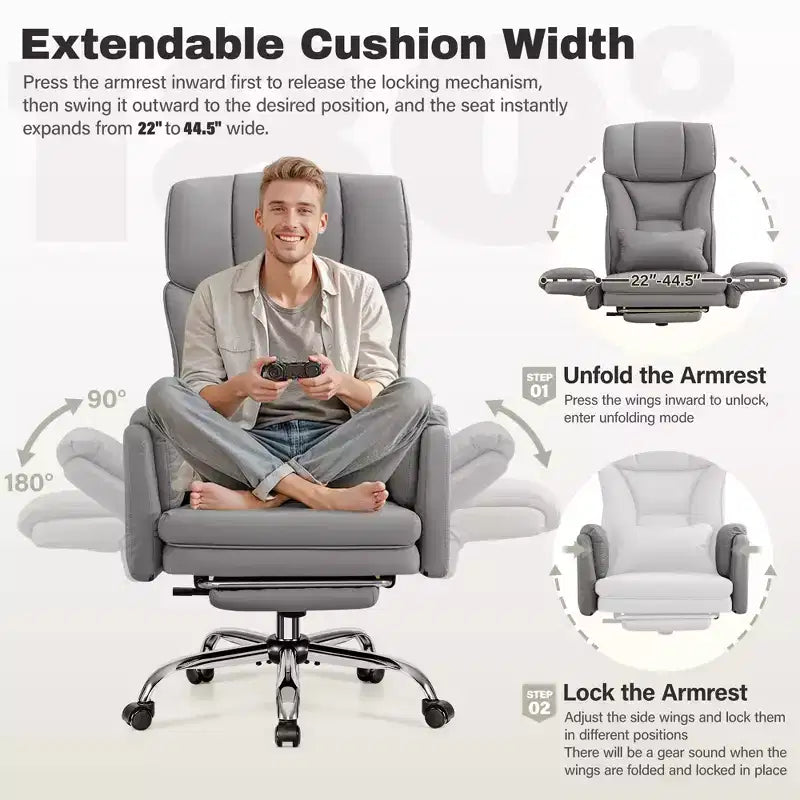 Fauteuil de bureau de direction grand dossier, chaise de bureau en cuir PU grande taille avec hauteur réglable, accoudoirs rembourrés et repose-pieds