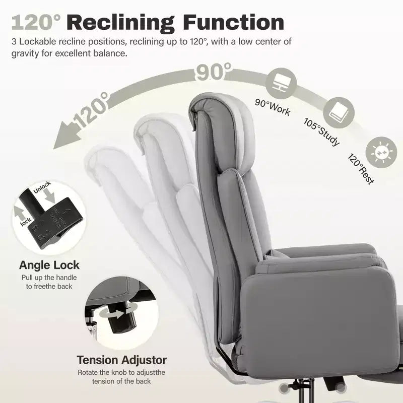 Fauteuil de bureau de direction grand dossier, chaise de bureau en cuir PU grande taille avec hauteur réglable, accoudoirs rembourrés et repose-pieds