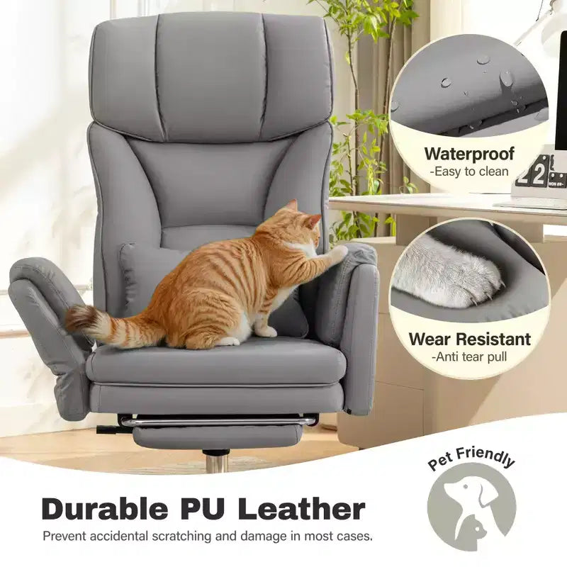 Fauteuil de bureau de direction grand dossier, chaise de bureau en cuir PU grande taille avec hauteur réglable, accoudoirs rembourrés et repose-pieds