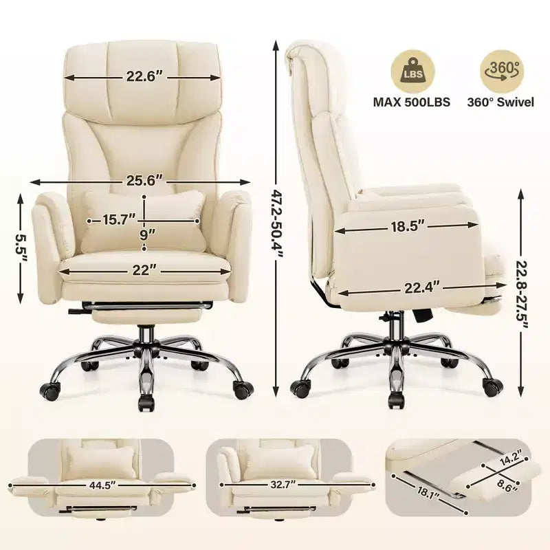 Fauteuil de bureau de direction grand dossier, chaise de bureau en cuir PU grande taille avec hauteur réglable, accoudoirs rembourrés et repose-pieds
