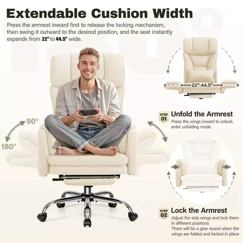 Fauteuil de bureau de direction grand dossier, chaise de bureau en cuir PU grande taille avec hauteur réglable, accoudoirs rembourrés et repose-pieds