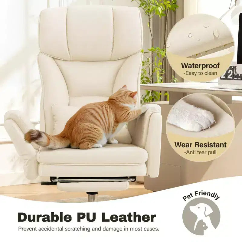 Fauteuil de bureau de direction grand dossier, chaise de bureau en cuir PU grande taille avec hauteur réglable, accoudoirs rembourrés et repose-pieds