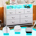 Commode de chambre, commode TV en bois noir 7 tiroirs avec station de charge et lumières, rangement moderne grande capacité