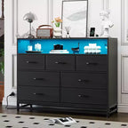 Dresser for Bedroom, 7-Drawer Black Wooden Dresser TV Stand with Charging Station & Lights, Modern Large Capacity Storage