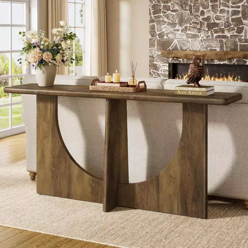Table console longue de 180 cm, table d'entrée de style campagnard avec cadre géométrique robuste, table de canapé derrière le canapé pour le salon, marron rustique