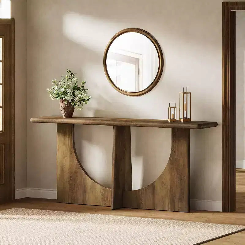 Table console longue de 180 cm, table d'entrée de style campagnard avec cadre géométrique robuste, table de canapé derrière le canapé pour le salon, marron rustique