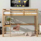 Lit mezzanine double en bois avec bureau intégré et échelle, espace d'étude spacieux, garde-corps de sécurité (amélioré) - Chêne blanc
