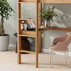 Lit mezzanine double en bois avec bureau intégré et échelle, espace d'étude spacieux, garde-corps de sécurité (amélioré) - Chêne blanc