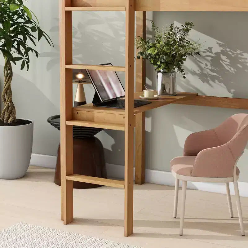 Lit mezzanine double en bois avec bureau intégré et échelle, espace d'étude spacieux, garde-corps de sécurité (amélioré) - Chêne blanc