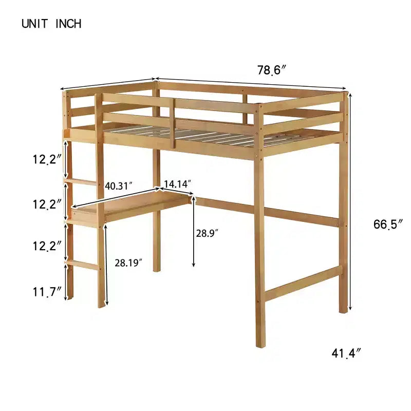 Lit mezzanine double en bois avec bureau intégré et échelle, espace d'étude spacieux, garde-corps de sécurité (amélioré) - Chêne blanc